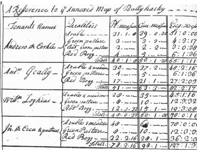 Reference table to the map of Ballyhasky listing tenants Andrew McCorkle, Andw Geally, Wm Loghead and John McCrea and partners, with acres of arable, green pasture and red bog