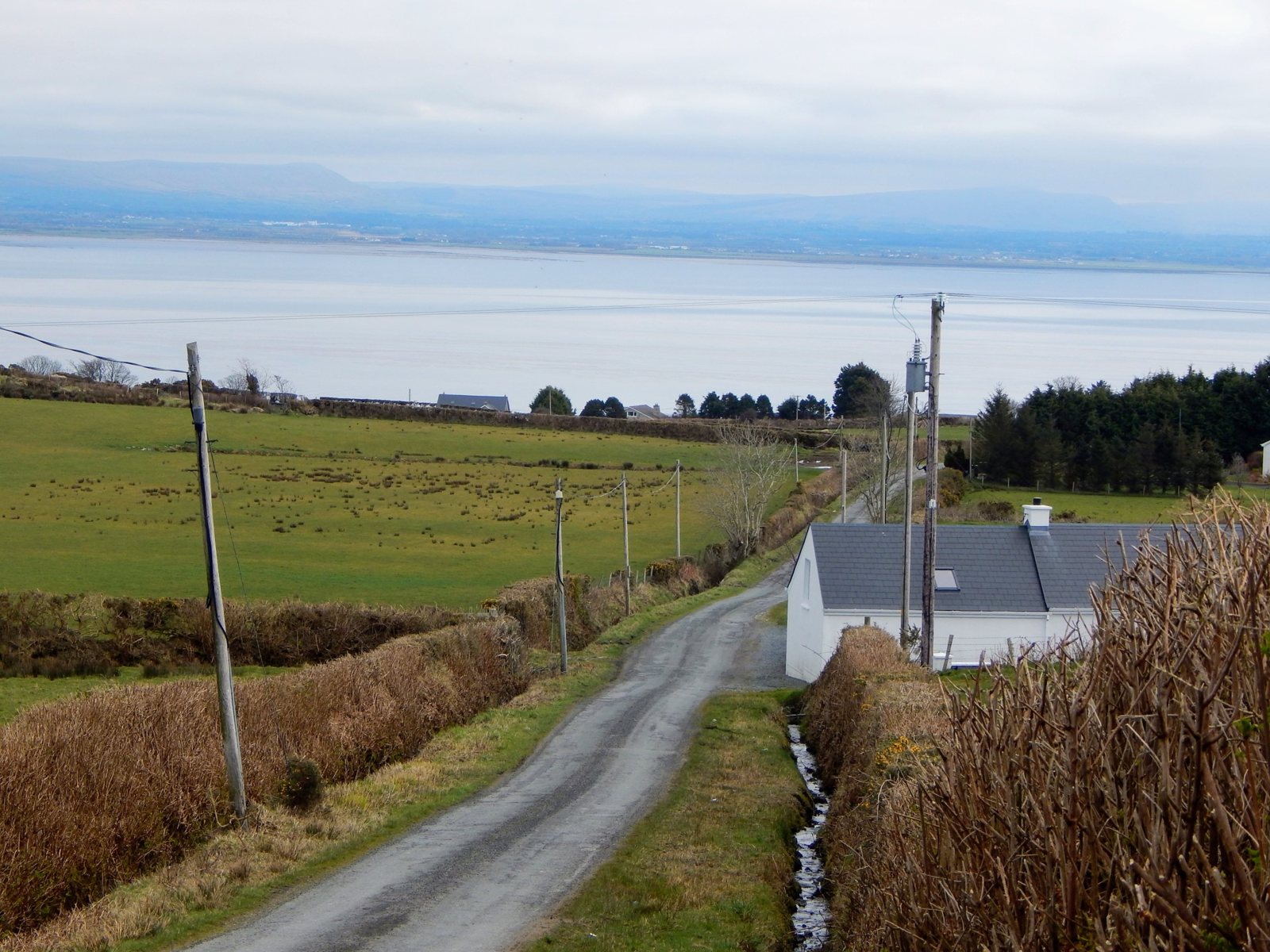 A lane running down through fields past the white McCorkell cottage at Ballyrattan to Lough Foyle, with hills on the far shore