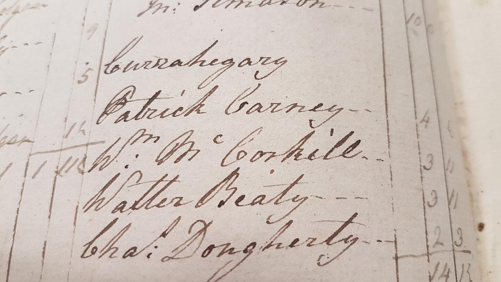 Handwritten cess list for Curraghnagarry naming Patrick Carney, Wm McCorkille, Walter Beaty and Chas Dougherty