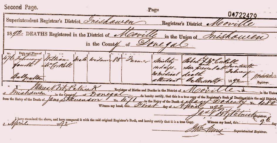 Civil death register entry for William McCorkell, Ballyrattan, 4 February 1892, farmer, widower, aged 85