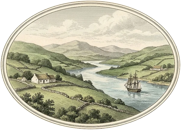 Emblem of the Foyle McCorkells: a hand-coloured engraving in an oval frame of the Foyle winding between green hills, with whitewashed farmhouses and stone-walled fields and a sailing ship on the river