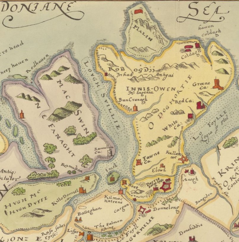 Hand-coloured early map of Inishowen, Lough Swilly, Lough Foyle and the Laggan, marking O'Doherty's country, Greencastle, Redcastle, Culmore, Burt, Derry, Lifford and Raphoe