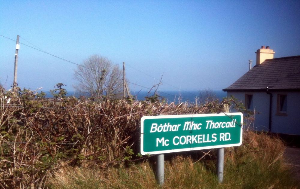 Green bilingual road sign reading Bóthar Mhic Thorcaill, McCorkells Rd, beside a hedge and a white cottage, with the sea beyond