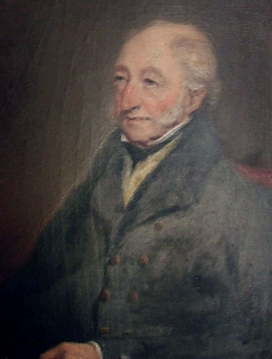 Oil portrait of an elderly man with white hair and side whiskers, a high white collar, black stock and grey double-breasted coat