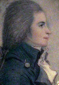 Pastel portrait in profile of a young man with long grey powdered hair, a dark high-collared coat and a frilled white cravat